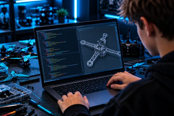 Код і 3D-модель дрона на екрані ноутбука